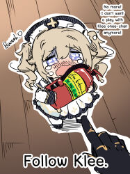 1girl 1other absurdres barbara_(genshin_impact) blonde_hair chibi crying crying_with_eyes_open english_text fire_extinguisher genshin_impact hat highres long_hair open_mouth sesield tears twintails wavy_mouth