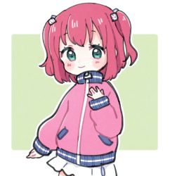 Rule 34 | 1girl, \||/, aqua eyes, bad id, bad twitter id, blush stickers, green background, hair ornament, hand on own chest, highres, jacket, kurosawa ruby, long sleeves, looking at viewer, love live!, love live! school idol festival, love live! sunshine!!, outline, pink jacket, red hair, short hair, simple background, skirt, smile, solo, track jacket, two side up, white outline, white skirt, yashino 84