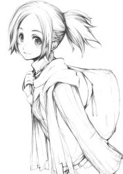 Rule 34 | 1girl, backpack, bag, belt, blush, breasts, contrapposto, forehead, fujishima, fujishima (raving phantom), greyscale, long sleeves, looking at viewer, looking to the side, monochrome, original, parted bangs, ponytail, scarf, short hair, sidelocks, simple background, small breasts, smile, solo, sweater, tareme, white background
