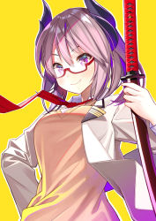 Rule 34 | 1girl, at-yui, azur lane, blush, commentary request, glasses, hair between eyes, highres, holding, holding sword, holding weapon, horns, katana, kirishima (after-school cannon time) (azur lane), kirishima (azur lane), long hair, looking at viewer, necktie, outline, pink hair, purple eyes, red-framed eyewear, red necktie, semi-rimless eyewear, short hair, smile, solo, sword, vest, weapon, white outline, yellow background