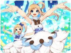 Rule 34 | 2girls, blue eyes, blush, character request, dress, fukuhara ann, hitoto, long hair, multiple girls, outstretched arms, pretty series, pretty rhythm, pretty rhythm rainbow live, short hair, side ponytail, smile, spread arms