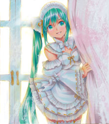 Rule 34 | 1girl, backlighting, bow, commentary, cowboy shot, curtain grab, curtains, detached sleeves, door, dress, english commentary, frilled dress, frills, garter straps, green eyes, green hair, hatsune miku, highres, long hair, looking at viewer, maid headdress, marker (medium), mayo riyo, pleated dress, ribbed dress, ribbon-trimmed sleeves, ribbon trim, see-through, side ponytail, sidelocks, smile, solo, thighhighs, traditional media, very long hair, vocaloid, white bow, white theme, white thighhighs, wide sleeves