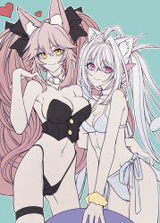 2girls absurdres ahoge animal_ear_fluff animal_ears ball bare_shoulders beachball bikini black_ribbon blue_background breasts cat_ears cat_tail center_opening choker cleavage closed_mouth fate/grand_order fate_(series) fox_ears hair_between_eyes hair_over_shoulder hair_ribbon heart heart-shaped_pupils highres koyanskaya_(assassin)_(second_ascension)_(fate) koyanskaya_(fate) lingerie long_hair looking_at_viewer merlin_(fate/prototype) midriff multiple_girls nanairo navel pink_eyes pink_hair pointy_ears ribbon seductive_smile sidelocks smile swimsuit symbol-shaped_pupils tail tamamo_(fate) twintails underwear wet white_bikini white_choker white_hair yellow_eyes