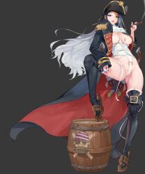 Rule 34 | 1girl, animated, ass, barrel, black cape, blue eyes, blue hair, boots, bouncing breasts, breast tattoo, breasts, cape, cigar, full body, game cg, gun, hat, heart, highres, holding, large breasts, last origin, leg up, live2d, long hair, looking at viewer, looping animation, nail polish, official alternate costume, official art, pirate, pirate costume, pirate hat, revealing clothes, rorobomb, smoke, smoke heart, smoking, solo, tachi-e, tagme, tattoo, transparent background, very long hair, video, war wolf (last origin), weapon