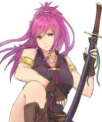 Rule 34 | 1girl, boots, breasts, cross-laced footwear, fire emblem, fire emblem: the sacred stones, fire emblem heroes, gloves, kamu (kamuuei), lace-up boots, long hair, looking at viewer, marisa (fire emblem), nintendo, pink hair, ponytail, purple eyes, purple hair, sheath, sheathed, simple background, solo, sword, weapon