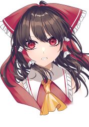 Rule 34 | 1girl, absurdres, ascot, bare shoulders, bow, brown hair, clenched teeth, commentary request, cropped torso, floating hair, frilled bow, frilled shirt collar, frills, hair bow, hakurei reimu, highres, light blush, looking at viewer, parted lips, red bow, red eyes, red vest, simple background, solo, straight-on, teeth, toraneko 2, touhou, upper body, vest, white background, yellow ascot