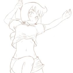 Rule 34 | 10s, 1girl, artist request, blush, clothes lift, constanze amalie von braunschbank-albrechtsberger, hair ribbon, lineart, little witch academia, low ponytail, midriff, navel, ribbon, shirt, shirt lift, shorts, simple background, solo, stomach, t-shirt, white background
