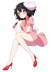 Rule 34 | 1girl, :&gt;, animal ears, arm rest, arm up, bare legs, black hair, blush, bright pupils, carrot necklace, commentary request, cosmetics, dress, fingernails, full body, hair between eyes, high collar, high heels, highres, holding, holding lipstick tube, inaba tewi, lipstick tube, looking at viewer, nail polish, necklace, pink dress, pink eyes, puffy short sleeves, puffy sleeves, rabbit ears, rabbit girl, rabbit tail, red footwear, red nails, short hair, short sleeves, simple background, sitting, smile, solo, tail, touhou, tsukimirin, white background, white pupils