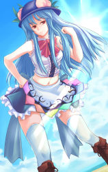 Rule 34 | 1girl, adapted costume, bare shoulders, blue hair, boots, cloud, crop top, cross-laced footwear, day, female focus, food, fruit, hand on own hip, hat, highres, hinanawi tenshi, hip focus, knee boots, lace-up boots, leaning forward, light smile, long hair, looking away, midriff, miniskirt, navel, peach, red eyes, skirt, sky, sleeveless, solo, sun, ten ryuu sadaaki, thighhighs, touhou, white thighhighs, zettai ryouiki