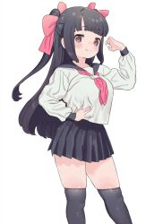 Rule 34 | 1girl, black hair, black skirt, black thighhighs, blush, bow, brown eyes, commentary, hair bow, highres, long hair, looking at viewer, miniskirt, mizuno uchi, neckerchief, original, pleated skirt, school uniform, serafuku, simple background, skindentation, skirt, smile, solo, symbol-only commentary, thighhighs, thighs, two side up, white background