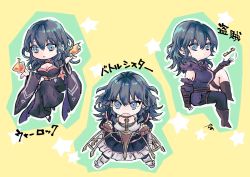 Rule 34 | 1girl, armor, armored dress, blue eyes, blue hair, blue thighhighs, boots, breasts, byleth (female) (fire emblem), byleth (fire emblem), c26sn, cleavage, cleavage cutout, clothing cutout, commentary, fingerless gloves, fire emblem, fire emblem: three houses, fireball, fur trim, gloves, key, nintendo, single thighhigh, thighhighs, translated, wide sleeves