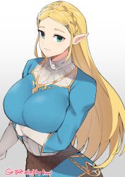 Rule 34 | 1girl, absurdres, arm under breasts, blonde hair, braid, breasts, closed mouth, commentary, english commentary, ge-b, gloves, green eyes, hair ornament, hairclip, highres, large breasts, light smile, long hair, looking at viewer, nintendo, pants, parted bangs, pointy ears, princess zelda, sidelocks, smile, solo, the legend of zelda, the legend of zelda: breath of the wild, very long hair