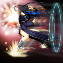 Rule 34 | 1girl, antenna hair, bandages, bandaged leg, bandages, black hair, blue dress, blue eyes, capelet, china dress, chinese clothes, commentary request, dress, explosion, fighting stance, flats, full body, glowing, glowing eyes, hair rings, hamaeru, highres, hip vent, kung fu, long dress, long hair, long sleeves, motion blur, original, pelvic curtain, solo, split ponytail, tetsuzankou, very long hair