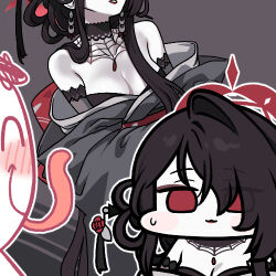 Rule 34 | 1boy, 1girl, ^ ^, doodle sensei (blue archive), bare shoulders, black gloves, black hair, blue archive, blush, breasts, chibi, choker, cleavage, closed eyes, earrings, elbow gloves, gloves, halo, jazz jack, jewelry, kokuriko (blue archive), lowres, medium breasts, pale skin, red eyes, red lips, sensei (blue archive), smile, sweatdrop, tongue, tongue out
