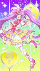 Rule 34 | 1girl, :d, ahoge, ascot, bow, commentary request, dress, feather hair ornament, feathers, frilled dress, frills, full body, green eyes, hair bow, hair ornament, hand up, heart, high heels, highres, idol land pripara, keyhole, kikuta michiyo, lock, long hair, looking at viewer, manaka laala, open mouth, pink ascot, pink bow, pink footwear, pretty series, pripara, purple hair, sash, shoulder sash, smile, solo, sparkle, standing, standing on one leg, twintails, v, very long hair, white dress