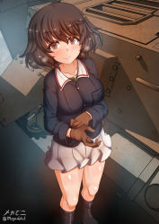 Rule 34 | 1girl, akiyama yukari, blush, breasts, brown eyes, brown gloves, brown hair, closed mouth, collarbone, feet out of frame, female focus, girls und panzer, gloves, highres, large breasts, looking at viewer, looking up, megadeko, military, military uniform, military vehicle, motor vehicle, ooarai military uniform, pleated skirt, shiny skin, short hair, skirt, smile, solo, standing, sweat, tank, uniform, white skirt