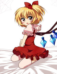 Rule 34 | 1girl, ascot, blonde hair, bug, dress, fang, female focus, flandre scarlet, haiiro (immature), hair ribbon, happy tears, hat, no headwear, no headwear, no shoes, open mouth, pink thighhighs, pointy ears, puffy sleeves, red dress, red eyes, red skirt, ribbon, shirt, short hair, short sleeves, side ponytail, silk, sitting, skirt, smile, solo, spider, spider web, tears, thighhighs, touhou, wings, zettai ryouiki
