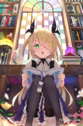 Rule 34 | + +, 1girl, :o, black pantyhose, blurry, blurry foreground, blush, book, bookmark, bookshelf, collared shirt, commentary request, depth of field, desk lamp, dress shirt, fischl (genshin impact), flower, frilled skirt, frills, genshin impact, green eyes, hair over one eye, highres, holding, holding book, indoors, knees up, lamp, liclac, open book, open mouth, pantyhose, purple skirt, shirt, skirt, slime (genshin impact), solo, squatting, teeth, two side up, upper teeth only, white flower, white shirt, window, yellow flower