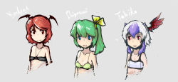 Rule 34 | 3girls, :d, alternate costume, alternate hair length, alternate hairstyle, bat wings, bikini, blue eyes, blush, bow, breasts, character name, cleavage, collarbone, daiyousei, feathers, flat chest, green hair, grey background, hair bow, head wings, horns, koakuma, light smile, looking at another, looking at viewer, multicolored hair, multiple girls, o-ring, o-ring top, open mouth, purple hair, red eyes, red hair, red wings, short hair, side ponytail, sidelocks, simple background, single wing, smile, sports bra, swimsuit, tokiko (touhou), touhou, tren, two-tone hair, white hair, wings