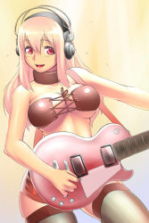 Rule 34 | 1girl, :d, bad id, bad pixiv id, bandeau, bare shoulders, black thighhighs, blush, breasts, choker, cleavage, front-tie top, gradient background, guitar, hair between eyes, headphones, highres, instrument, large breasts, lipstick, long hair, looking at viewer, makeup, midriff, miniskirt, murazono, nitroplus, open mouth, outstretched arm, pink eyes, pink hair, plectrum, sidelocks, skirt, smile, solo, standing, strap, super sonico, sweatdrop, thighhighs, underboob, zettai ryouiki