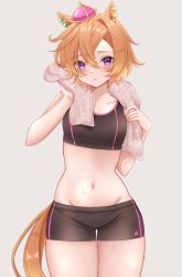 Rule 34 | 1girl, animal ears, bare arms, bare legs, bare shoulders, breasts, clothes lift, highres, holding, holding towel, horse ears, horse girl, horse tail, looking at viewer, opera love 0403, orange hair, purple eyes, short hair, solo, sports bra, sportswear, stomach, sweater, sweater lift, t.m. opera o (umamusume), tail, towel, umamusume
