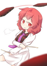 Rule 34 | 1girl, drum, drum set, drumsticks, holding another&#039;s arm, holding own arm, horikawa raiko, instrument, jacket, leaning, long sleeves, looking at viewer, necktie, open clothes, open jacket, plaid, plaid shirt, purple necktie, red eyes, red hair, shirt, short hair, simple background, skirt, smirk, solo, touhou, white background, wool (miwol)