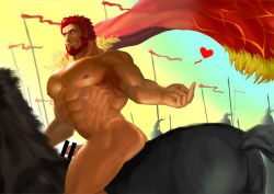Rule 34 | 1boy, abs, absurdres, ass, bar censor, bara, beard, cape, censored, completely nude, dark skin, dark-skinned male, erection, facial hair, fate/grand order, fate/zero, fate (series), from behind, fur-trimmed cape, fur trim, highres, horse, horseback riding, iskandar (fate), large pectorals, male focus, middle finger, muscular, navel, navel hair, nipples, nude, one eye closed, pectorals, red cape, red eyes, red hair, riding, short hair, solo, thick thighs, thighs, treesiming, veins