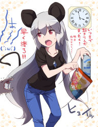 Rule 34 | 1girl, absurdly long hair, alternate costume, alternate hair length, alternate hairstyle, animal ears, artistic error, bag, beer can, black shirt, breasts, broken heart, can, chips (food), clock, collarbone, commentary request, contrapposto, denim, disembodied limb, drink can, food, grey hair, hair between eyes, heart, heart background, holding, holding bag, holding can, jeans, jewelry, legs apart, long hair, looking to the side, motion lines, mouse ears, mouse tail, nazrin, open mouth, otoufu (wddkq314band), pants, pendant, potato chips, red eyes, roman numeral, shirt, small breasts, solo, solo focus, sweatdrop, t-shirt, tail, teeth, touhou, translation request, trembling, upper teeth only, very long hair, white background