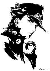 Rule 34 | 1boy, closed mouth, greyscale, hat, hat pin, highres, jacket, jojo no kimyou na bouken, kotatsu (g-rough), kuujou joutarou, looking at viewer, male focus, monochrome, peaked cap, simple background, solo, stardust crusaders, upper body, white background