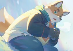 Rule 34 | 1boy, absurdres, ahoge, animal ears, artist name, bara, belly, black pants, blush, can, commentary request, drink, fang, fat, fat man, fox boy, fox ears, fox tail, furry, furry male, green eyes, highres, holding, holding can, holding drink, hood, hooded jacket, iyo (tamacolle), jacket, looking at viewer, male focus, on grass, open mouth, orange scarf, pants, scarf, seamonsterping, shirt, sitting, tail, tamacolle, yellow shirt