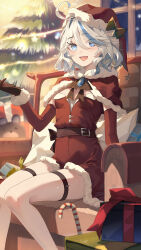 Rule 34 | 1girl, absurdres, bare legs, belt, black gloves, blue brooch, blue eyes, blue gemstone, blue hair, bow, candy, candy cane, capelet, christmas, christmas tree, couch, cowlick, curly hair, detached sleeves, drop-shaped pupils, food, fur-trimmed capelet, fur-trimmed sleeves, fur trim, furina (genshin impact), garter belt, gem, genshin impact, gift, gloves, happy, hat, hat bow, heterochromia, highres, light blue hair, mismatched pupils, multicolored hair, night, on couch, santa hat, short hair, signature, sitting, smile, snozaki, stuffed animal, stuffed toy, symbol-shaped pupils, teddy bear, white hair, window