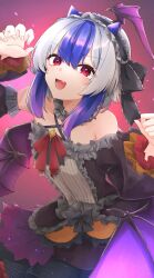 Rule 34 | 1girl, absurdres, bare shoulders, bat wings, commentary, fang, gunsou1350, halloween costume, head wings, highres, horns, looking at viewer, multicolored hair, purple hair, red eyes, single head wing, skin fang, solo, tokiko (touhou), touhou, two-tone hair, white hair, wings