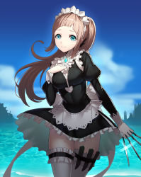 Rule 34 | 1girl, between fingers, blue eyes, breasts, brooch, brown hair, covered navel, dress, felicia (fire emblem), fire emblem, fire emblem fates, frilled thighhighs, frills, gloves, hand on own chest, holding, holding knife, holster, jewelry, knife, knives between fingers, looking at viewer, maid, maid headdress, medium breasts, nintendo, puffy sleeves, ribbon, ririko (zhuoyandesailaer), skirt, smile, solo, thigh holster, thighhighs, white thighhighs, zettai ryouiki