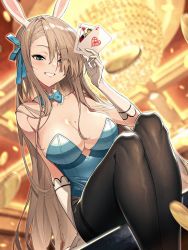 Rule 34 | 1girl, absurdres, ace (playing card), ace of hearts, animal ears, asuna (blue archive), asuna (bunny) (blue archive), bare shoulders, black pantyhose, blue archive, blue bow, blue bowtie, blue eyes, blue leotard, blue ribbon, blush, bow, bowtie, breasts, card, cleavage, detached collar, fake animal ears, gloves, grin, hair over one eye, hair ribbon, heart, highleg, highleg leotard, highres, holding, holding card, kabu (niniko2ko), large breasts, leotard, light brown hair, long hair, looking at viewer, mole, mole on breast, official alternate costume, pantyhose, playboy bunny, playing card, rabbit ears, ribbon, sitting, smile, solo, strapless, strapless leotard, swept bangs, teeth, thighband pantyhose, traditional bowtie, white gloves