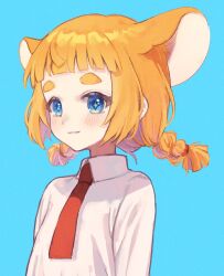 Rule 34 | + +, 1girl, animal ears, blue background, blue eyes, collared shirt, female focus, indie virtual youtuber, low twin braids, mouse ears, mouse girl, naname (7name), necktie, red necktie, shirt, simple background, smile, solo, thick eyebrows, twin braids, upper body, virtual youtuber, white shirt