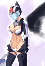 1girl amei_sumeru bad_id bad_pixiv_id bikini breasts cleavage female_focus helmet solo swimsuit thighhighs wings