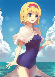 Rule 34 | 1girl, :d, alice margatroid, blonde hair, blue eyes, blue sky, blush, bow, bowtie, breasts, capelet, cleavage cutout, clothing cutout, cloud, cloudy sky, culter, day, eyelashes, female focus, gradient background, hairband, highres, lolita hairband, looking at viewer, medium breasts, ocean, one-piece swimsuit, open mouth, outdoors, pier, school swimsuit, shadow, short hair, sky, smile, solo, swimsuit, touhou, water