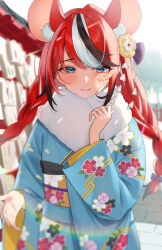 Rule 34 | 1girl, absurdres, alternate costume, animal ear fluff, animal ears, aotake iro, black hair, blue eyes, blue kimono, blush, braid, commentary, english commentary, floral print, fur, fur-trimmed kimono, fur trim, hair ornament, hakos baelz, highres, holocouncil, hololive, hololive english, japanese clothes, kimono, light blue kimono, long hair, long sleeves, looking at viewer, mouse ears, mouse girl, multicolored hair, outdoors, print kimono, red hair, smile, solo, streaked hair, swept bangs, twin braids, virtual youtuber, white hair, wide sleeves