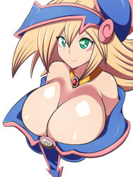 Rule 34 | 1girl, :&gt;, alternate breast size, bare shoulders, blonde hair, blue hat, blush stickers, breast press, breasts, cleavage, dark magician girl, dd (artist), dd (giogio99), duel monster, green eyes, hat, highres, large breasts, long hair, looking to the side, magical girl, shiny skin, smile, solo, tongue, tongue out, upper body, very long hair, white background, wizard hat, yu-gi-oh!