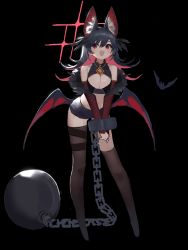 1girl :d absurdres animal_ear_fluff animal_ears bare_shoulders bat_(animal) bat_ears bat_girl bat_wings black_background black_hair black_thighhighs breasts cleavage colored_inner_hair detached_sleeves fangs highres large_breasts leaning_forward long_hair multicolored_hair navel open_mouth original own_hands_together red_hair shorts simple_background smile solo takaha4_mei teeth thighhighs wings