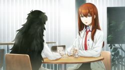 Rule 34 | 2girls, black hair, brown hair, coat, coffee, coffee cup, cup, disposable cup, drinking straw, female focus, game cg, grey eyes, highres, hiyajou maho, huke, indoors, lab coat, long hair, looking at another, makise kurisu, multiple girls, necktie, open mouth, pants, plant, pocket, shirt, sitting, steins;gate, steins;gate 0, table, very long hair