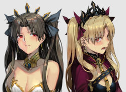 Rule 34 | 2girls, armlet, bare shoulders, between breasts, black bow, black hair, blonde hair, blush, bow, breasts, cape, cleavage, collarbone, detached collar, earrings, ereshkigal (fate), fate/grand order, fate (series), frown, gold trim, hair bow, highres, hoop earrings, hungry clicker, infinity symbol, ishtar (fate), jewelry, long hair, looking at viewer, medium breasts, multiple girls, neck ring, open mouth, parted bangs, red bow, red cape, red eyes, siblings, simple background, sisters, skull, spine, tiara, two side up