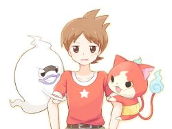 Rule 34 | 10s, 1boy, amano keita, bad id, bad pixiv id, belt, brown eyes, brown hair, cat, clenched teeth, ghost, haramaki, jibanyan, male focus, mei (maysroom), multiple tails, notched ear, open mouth, purple lips, red shirt, shirt, short hair, star (symbol), t-shirt, tail, teeth, two tails, whisper (youkai watch), white background, traditional youkai, youkai watch