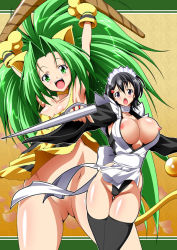 Rule 34 | 2girls, animal ears, animal hands, apron, armpits, black hair, black legwear, blade, blue eyes, blush, boomerang, breasts, breasts out, butterfly swords, cham cham, choker, cleavage, flat chest, gloves, green eyes, green hair, hair ornament, hairclip, highleg, highleg leotard, holding, holding weapon, iroha (samurai spirits), large breasts, leotard, leotard under clothes, long hair, maid, maid apron, maid headdress, multiple girls, nipples, no panties, open mouth, panties, raven (artist), samurai spirits, short hair, simple background, snk, strapless, strapless leotard, surprised, thighhighs, thong leotard, underwear, weapon, wide hips