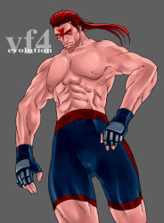 Rule 34 | 1boy, abs, blue eyes, facial tattoo, fingerless gloves, g-room honten, gloves, male focus, muscular, ponytail, red hair, sega, shorts, simple background, solo, tattoo, topless male, virtua fighter, wolf hawkfield