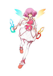 Rule 34 | 1girl, asymmetrical wings, dagger, dress, dual wielding, flipped hair, full body, holding, holding dagger, holding knife, holding weapon, juliet sleeves, knife, lilith (toushinden), long sleeves, official art, pink hair, puffy sleeves, red eyes, reverse grip, shoes, short hair, solo, tamsoft, thighhighs, toushinden, toushinden war budokai, weapon, white background, white dress, white thighhighs, wings, yoshizumi kazuyuki