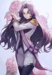 Rule 34 | 1girl, absurdres, black hair, black shirt, black thighhighs, boots, dominique de sade, epaulettes, flower, gloves, highres, holding, holding sword, holding weapon, jacket, long hair, looking at viewer, pants, parted bangs, parted lips, pink flower, pink rose, purple gloves, rose, shirt, smile, solo, sword, thigh boots, thighhighs, vanitas no carte, very long hair, weapon, white jacket, white pants, yellow eyes, zieru