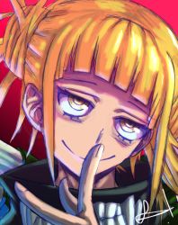 Rule 34 | 1girl, absurdres, bags under eyes, bandana, black bandana, blonde hair, blunt bangs, boku no hero academia, bored artist, close-up, double bun, finger to mouth, gradient background, hair bun, highres, index finger raised, messy hair, non-web source, red background, self-upload, sidelocks, signature, smile, solo, teeth, toga himiko, upper body, yellow eyes