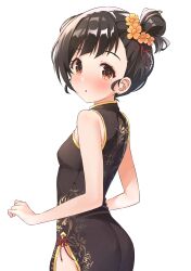 1girl :o absurdres ass asymmetrical_bangs b1ack_illust bare_arms black_dress black_hair blush breasts china_dress chinese_clothes commentary_request dress earrings flower hair_flower hair_ornament highres idolmaster idolmaster_million_live! jewelry looking_at_viewer looking_to_the_side nakatani_iku orange_eyes sleeveless sleeveless_dress small_breasts solo stud_earrings