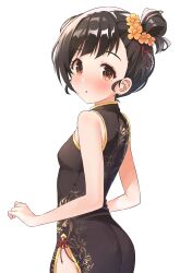 Rule 34 | 1girl, :o, absurdres, ass, asymmetrical bangs, b1ack illust, bare arms, black dress, black hair, blush, breasts, china dress, chinese clothes, commentary request, dress, earrings, flower, hair flower, hair ornament, highres, idolmaster, idolmaster million live!, jewelry, looking at viewer, looking to the side, nakatani iku, orange eyes, sleeveless, sleeveless dress, small breasts, solo, stud earrings